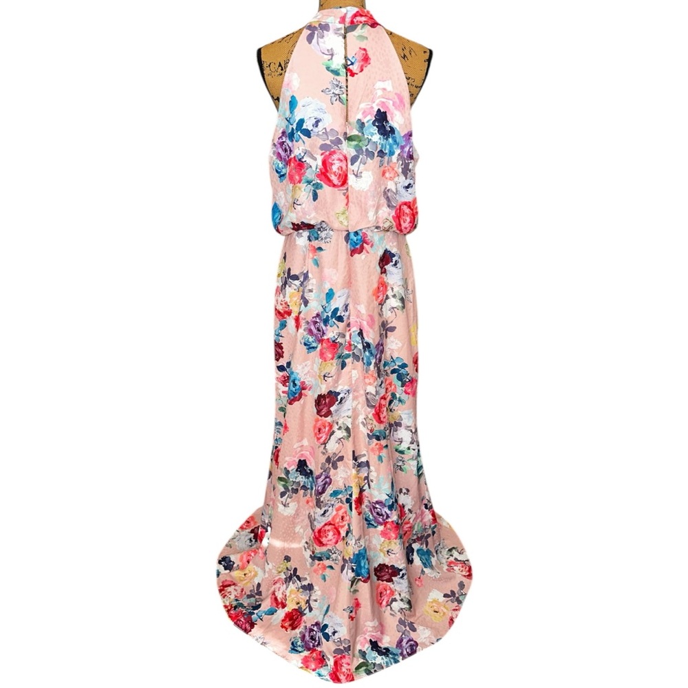 Adrianna Papell Dress Size 16 Blush Pink Floral Print Satin Jacquard Halter Gown - Picture 3 of 16